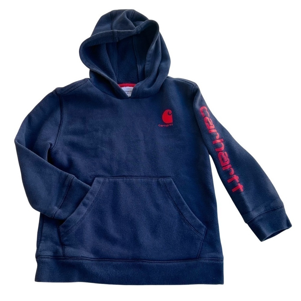 Carhartt Navy Pullover Hoodie Logo Sleeve Kids Size 7